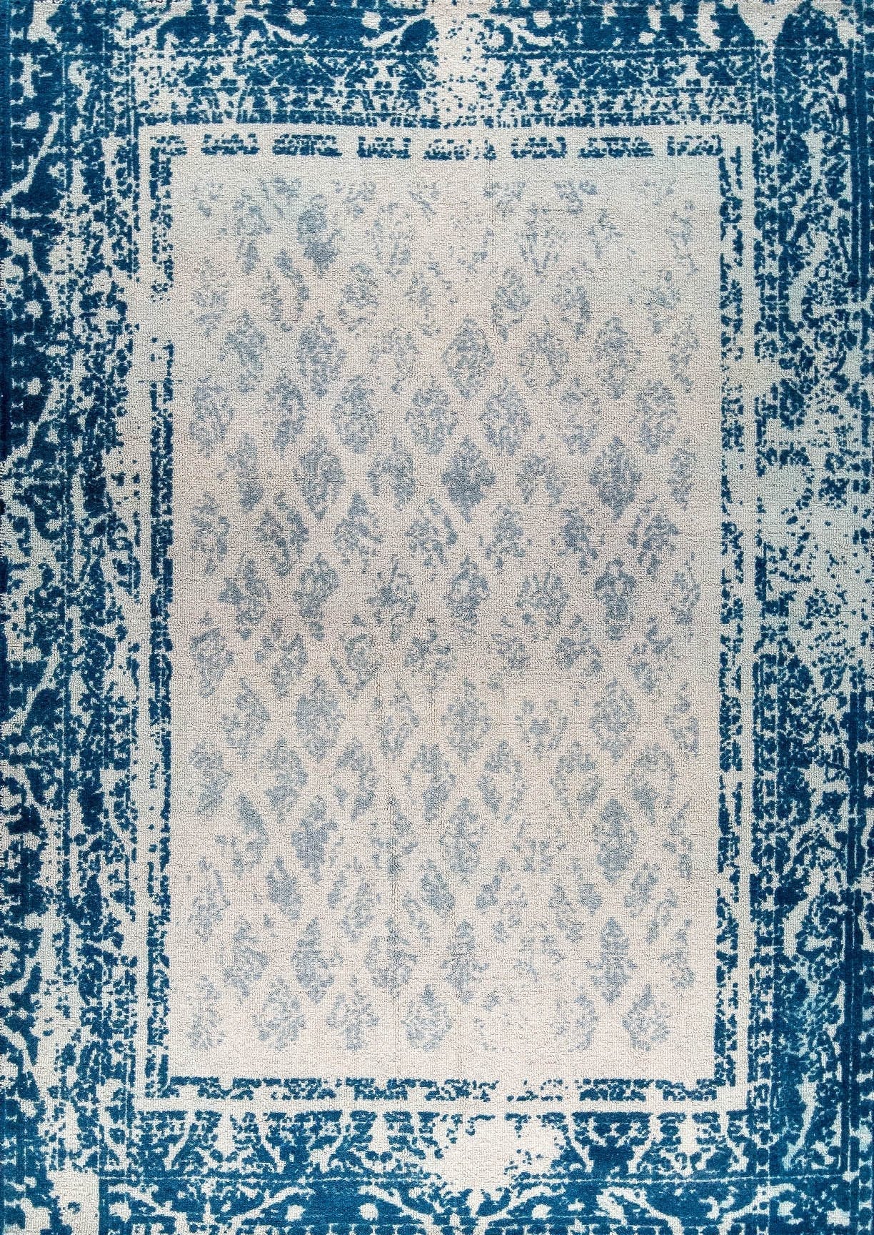 Modern Contemporary Geometric Abstract Border Mariam Corona Blue Wool Area Rug Carpet