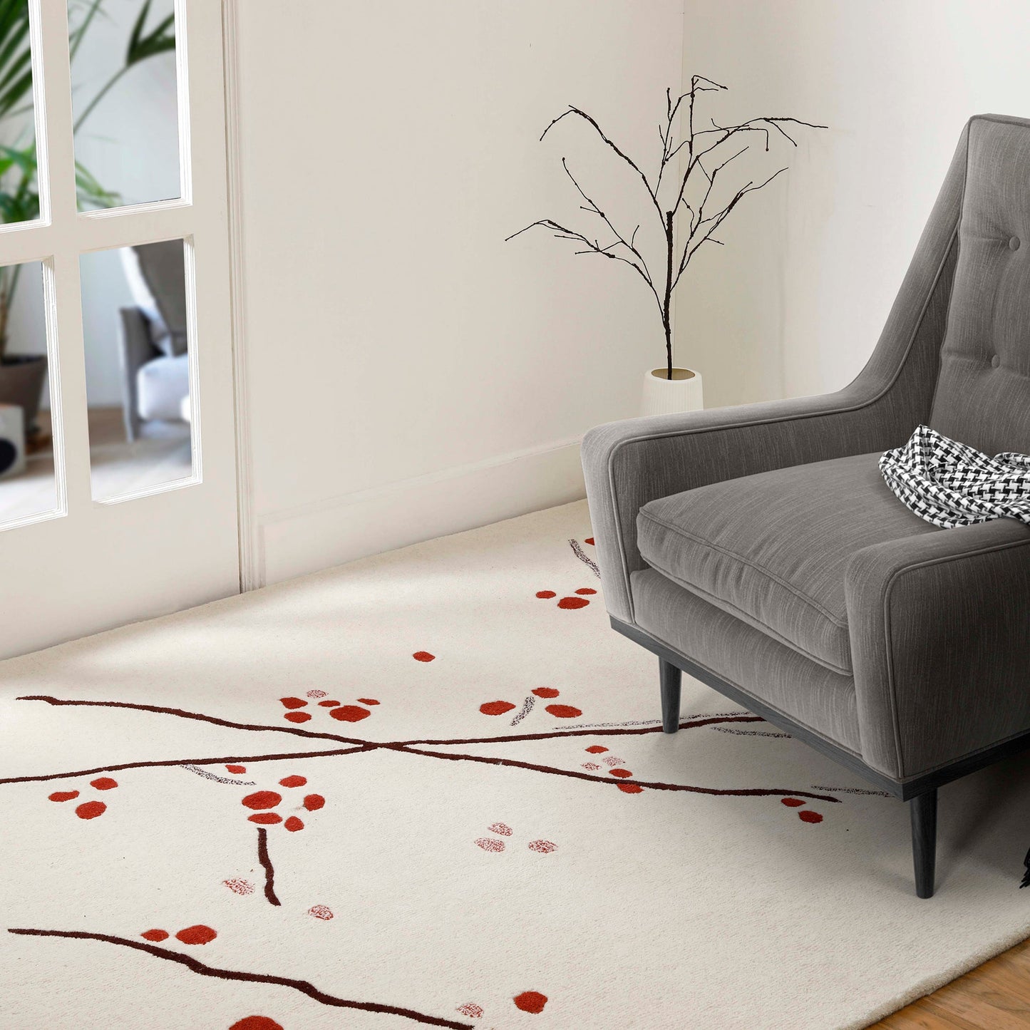 Floral Drawing Vinson Inari White/Red Area Rug