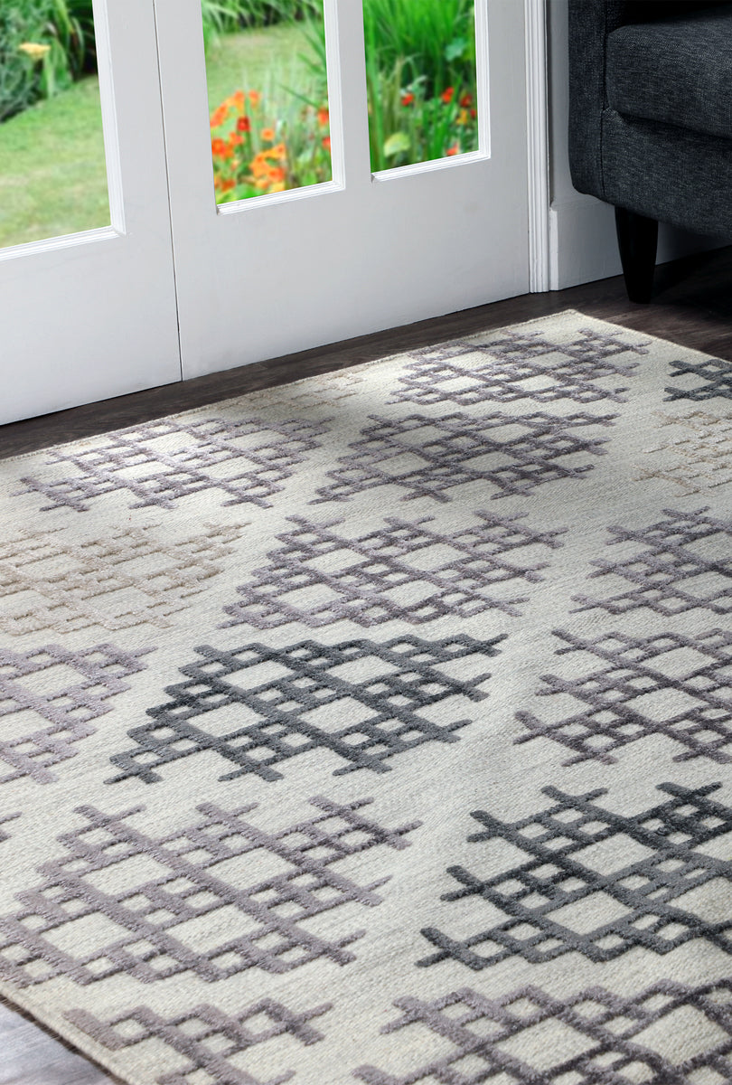Hand Woven Cross Stitch Geo Look Pattern Wako Lowell Grey/Beige Area Rug