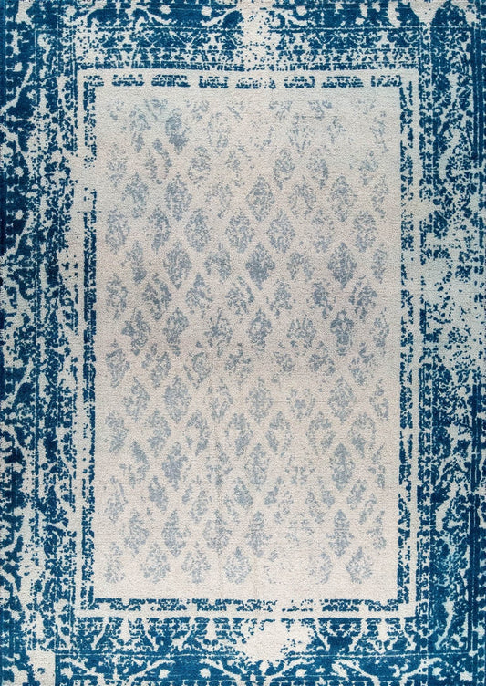 Modern Contemporary Geometric Abstract Border Mariam Corona Blue Wool Area Rug Carpet