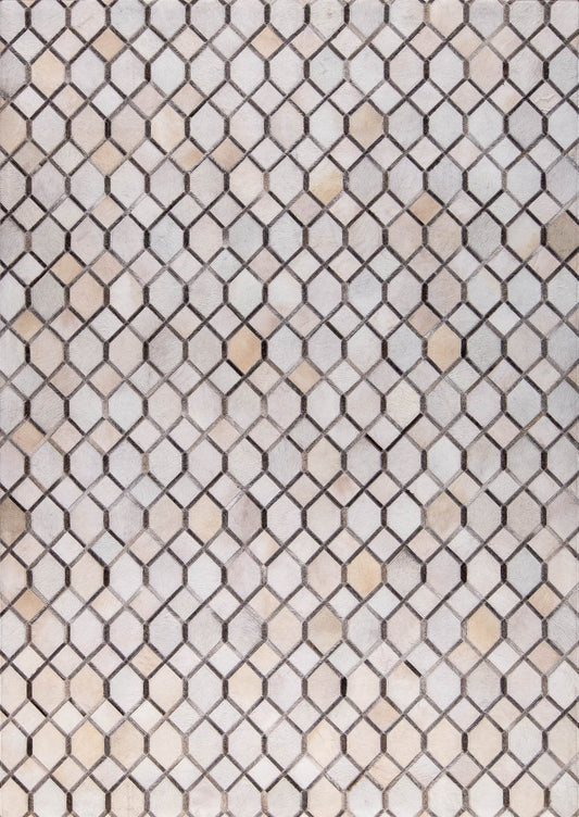 Luxury Geometric Contemporary Handmade Leather Gau Hydra White/Grey Area Rug Carpet